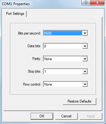 This screen shows the COM Port properties within HyperTerminal.